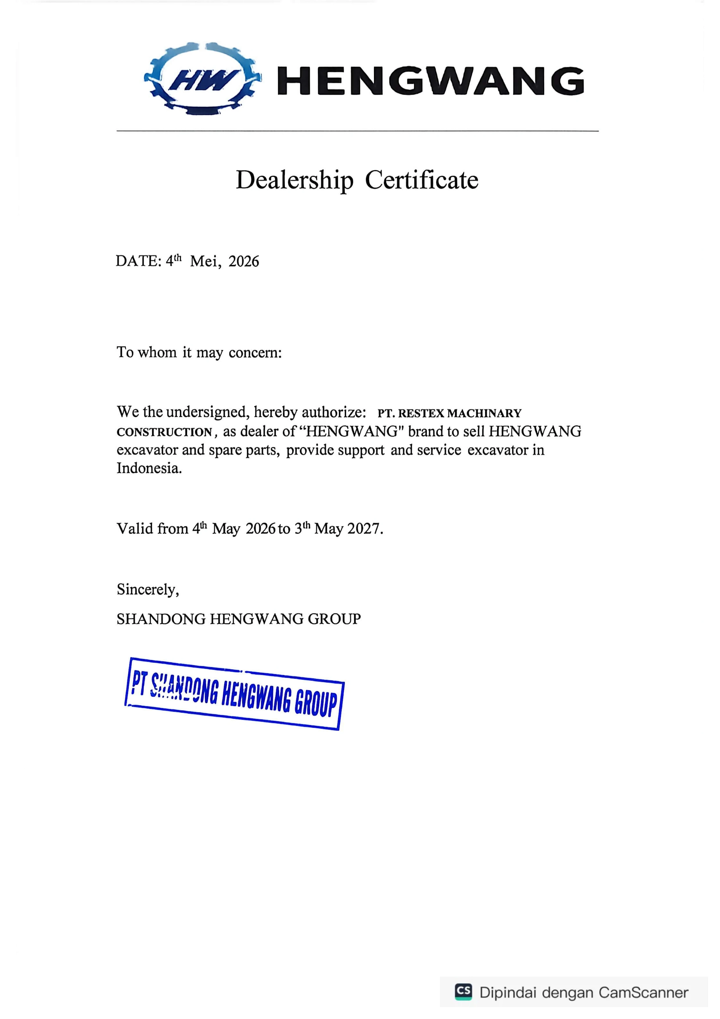 Sertifikat Dealer Resmi Hengwang — PT. RestexMachineryConstruction